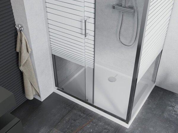 Mexen Apia cabina de duș cu uși glisante 100 x 70 cm, dungi albe, crom + cadă plată - 840-100-070-01-20-4010