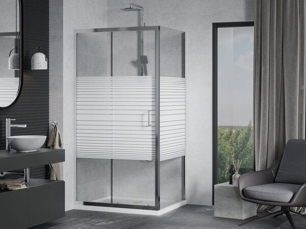 Mexen Apia cabina de duș cu uși glisante 100 x 70 cm, dungi albe, crom + cadă plată - 840-100-070-01-20-4010