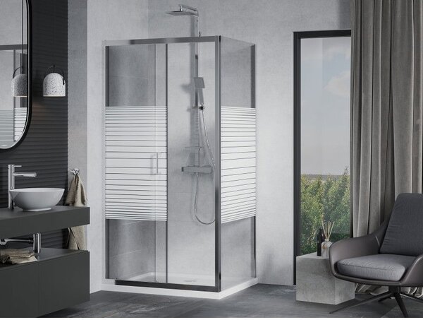 Mexen Apia cabina de duș cu uși glisante 100 x 70 cm, dungi albe, crom + cadă plată - 840-100-070-01-20-4010