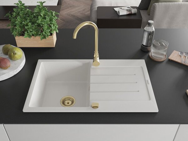 Mexen Bruno chiuvetă de granit cu o singură cuvă cu scurgător și baterie de bucătărie Telma, alb - 6513-20-670200-50