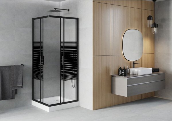 Mexen Rio cabina de duș pătrată 80 x 80 cm, dungi negre, neagră + cadă de duș, albă - 860-080-080-70-20-4510