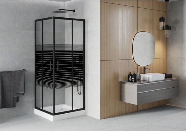 Mexen Rio cabina de duș pătrată 80 x 80 cm, dungi negre, neagră + cadă de duș, albă - 860-080-080-70-20-4510