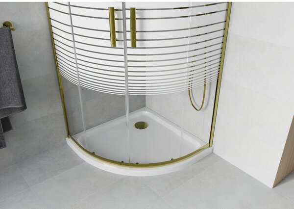 Mexen Rio cabina de duș semi-circulară 80 x 80 cm, dungi albe, aurie + cădiță Flat, albă - 863-080-080-50-20-4110G