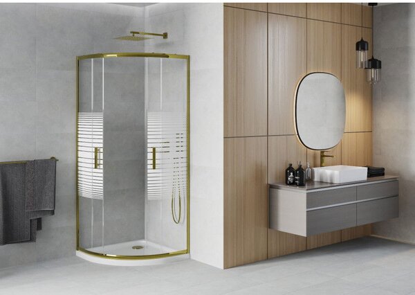 Mexen Rio cabina de duș semi-circulară 80 x 80 cm, dungi albe, aurie + cădiță Flat, albă - 863-080-080-50-20-4110G