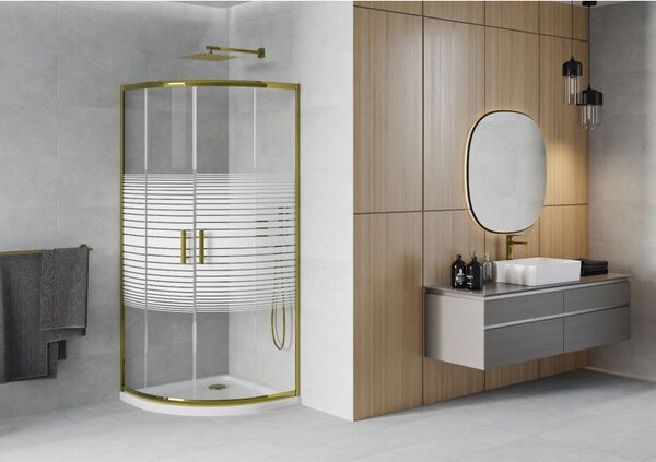 Mexen Rio cabina de duș semi-circulară 80 x 80 cm, dungi albe, aurie + cădiță Flat, albă - 863-080-080-50-20-4110G
