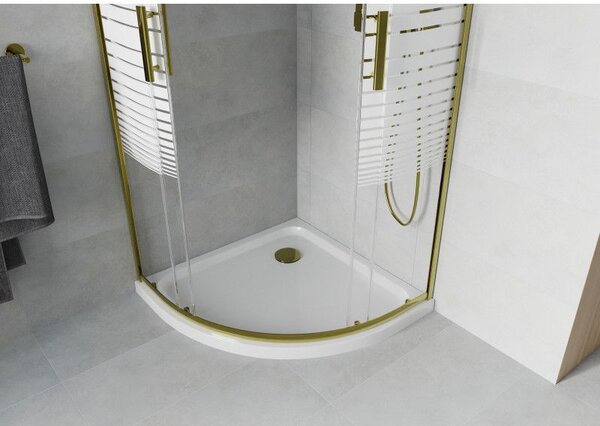 Mexen Rio cabina de duș semi-circulară 80 x 80 cm, dungi albe, aurie + cădiță Flat, albă - 863-080-080-50-20-4110G
