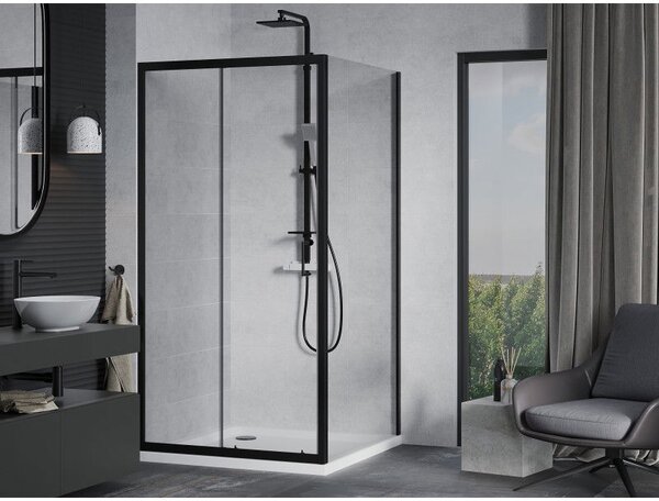 Mexen Apia cabină de duș glisantă 90 x 90 cm, transparentă, neagră + cadă de duș Flat, alb - 840-090-090-70-00-4010B