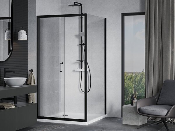 Mexen Apia cabină de duș glisantă 90 x 90 cm, transparentă, neagră + cadă de duș Flat, alb - 840-090-090-70-00-4010B