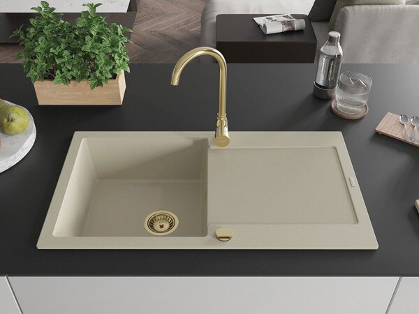 Mexen Leo chiuvetă de granit cu 1 cameră și picurător 900 x 500 mm, bej, sifon auriu - 6501901010-69-G