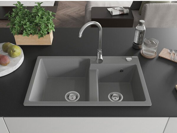 Mexen Tomas chiuvetă granit 2 compartimente 800 x 500 mm, gri, sifon crom - 6516802000-71