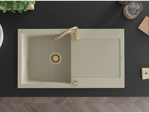 Mexen Leo chiuvetă de granit cu 1 cameră și picurător 900 x 500 mm, bej, sifon auriu - 6501901010-69-G