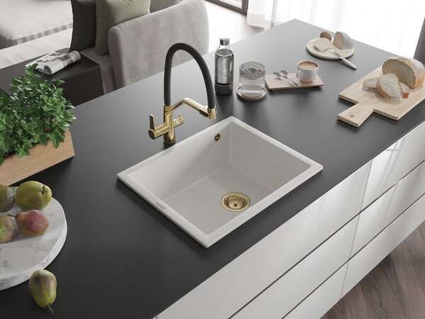 Mexen Pedro chiuvetă de granit cu 1 compartiment 560 x 460 mm, alb, sifon auriu - 6508561000-20-G