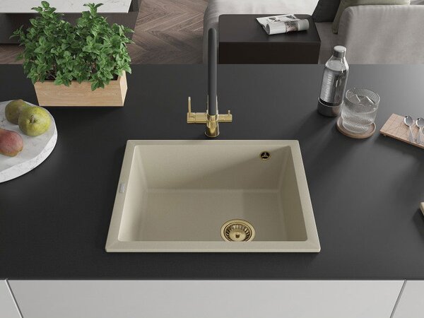 Mexen Pedro chiuvetă granit 1-cameră 560 x 460 mm, bej, sifon auriu - 6508561000-69-G