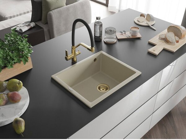 Mexen Pedro chiuvetă granit 1-cameră 560 x 460 mm, bej, sifon auriu - 6508561000-69-G