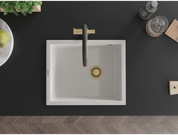 Mexen Pedro chiuvetă de granit cu 1 compartiment 560 x 460 mm, alb, sifon auriu - 6508561000-20-G