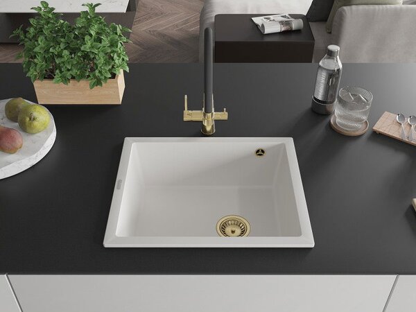 Mexen Pedro chiuvetă de granit cu 1 compartiment 560 x 460 mm, alb, sifon auriu - 6508561000-20-G