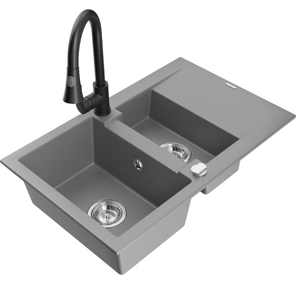 Mexen Gaspar chiuvetă de granit cu 1,5 compartimente cu scurgător și baterie de bucătărie Elia, gri - 6507-71-670101-70