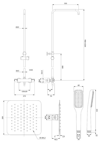 Omnires Y set de duș perete cu termostat cu duș de ploaie crom Y1244X/6/KCR