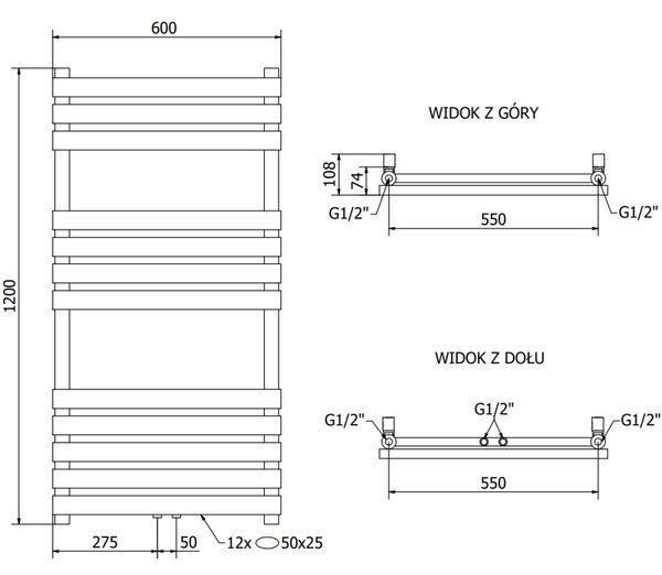 Mexen Jowisz radiator de baie 1200 x 600 mm, 594 W, negru - W107-1200-600-00-70