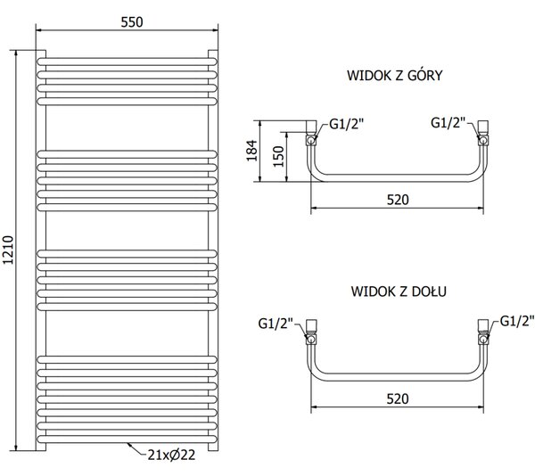 Mexen Apollo radiator de baie 1210 x 550 mm, 641 W, negru - W117-1210-550-00-70