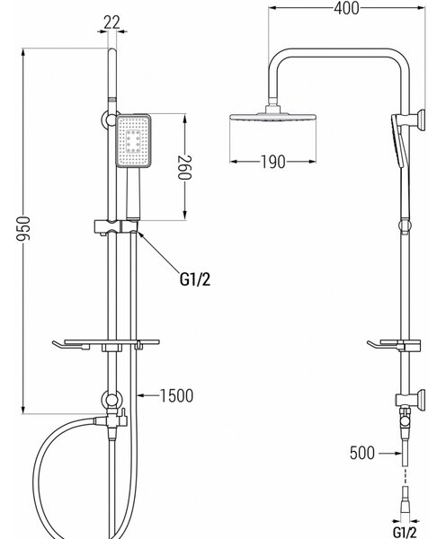 Set de duș Mexen T54 cu cap pătrat superior, alb, 798545493-21