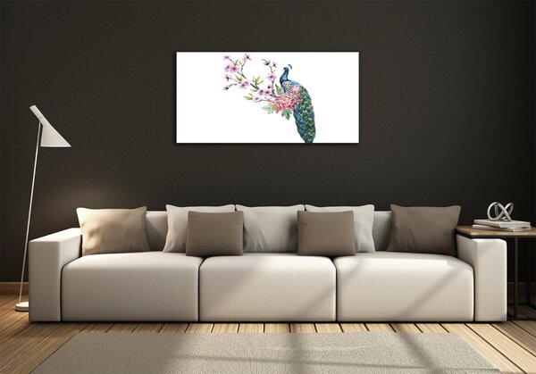 Tablou Printat Pe Sticlă Peacock și flori