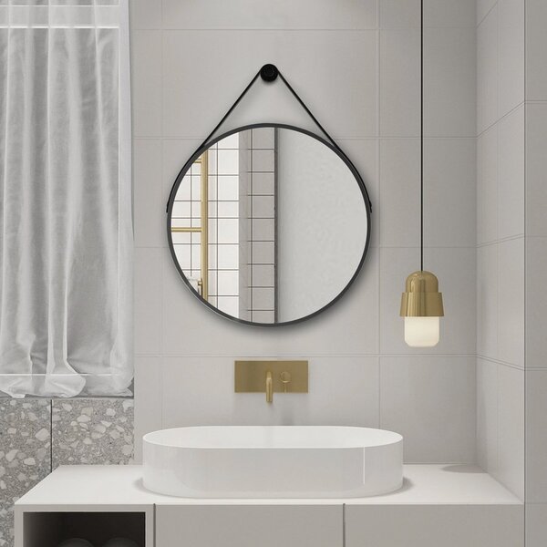 Aqualine Oglindă rotundă STAGO, Aqualine, cu curea din piele, diametru 60 cm, negru mat, SG065