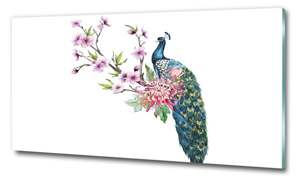 Tablou Printat Pe Sticlă Peacock și flori