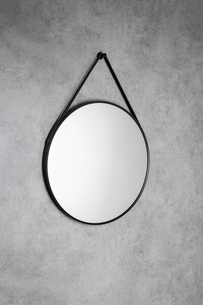 Aqualine Oglindă rotundă STAGO, Aqualine, cu curea din piele, diametru 60 cm, negru mat, SG065