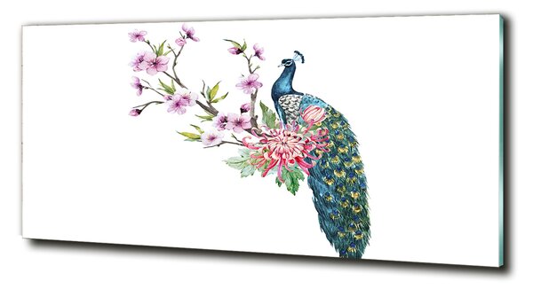 Tablou Printat Pe Sticlă Peacock și flori
