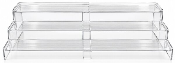 Etajera extensibila multifunctională Pufo, organizator transparent cu 3 niveluri in trepte pentru condimente, cosmetice, bijuterii, accesorii si expunere produse, 58 x 22.5 x 12 c