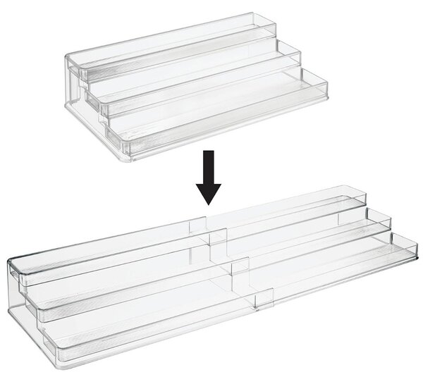 Etajera extensibila multifunctională Pufo, organizator transparent cu 3 niveluri in trepte pentru condimente, cosmetice, bijuterii, accesorii si expunere produse, 58 x 22.5 x 12 c