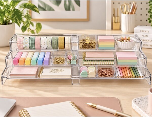 Etajera extensibila multifunctională Pufo, organizator transparent cu 3 niveluri in trepte pentru condimente, cosmetice, bijuterii, accesorii si expunere produse, 58 x 22.5 x 12 c