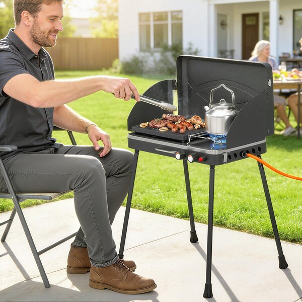 Outsunny Grătar barbecue compact cu arzător pentru camping | Aosom Romania