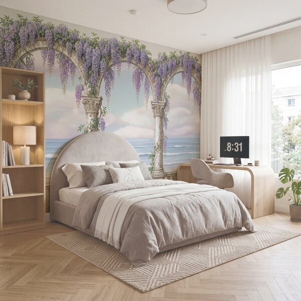 Fototapet Tablou reprezentând o arcadă decorată cu flori violet, Fototapet flori, Fototapet populare, t00839 - Tapeko.ro