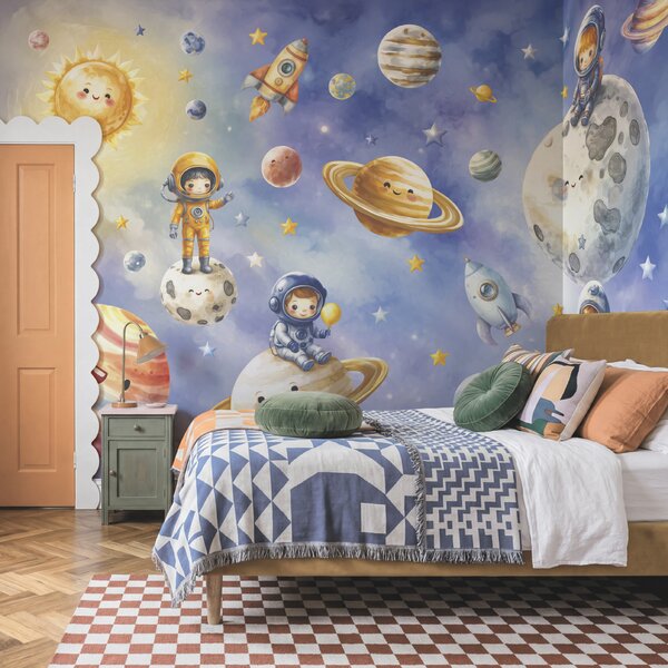 Fototapet Grup de astronauți și planete din desene animate, Fototapet spațiu cosmic, Fototapet populare, t00841 - Tapeko.ro