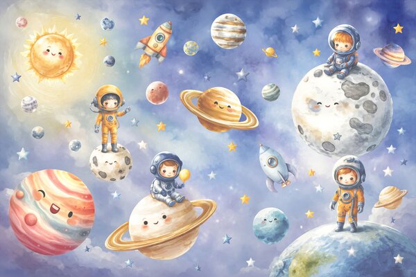 Fototapet Grup de astronauți și planete din desene animate, Fototapet spațiu cosmic, Fototapet populare, t00841 - Tapeko.ro