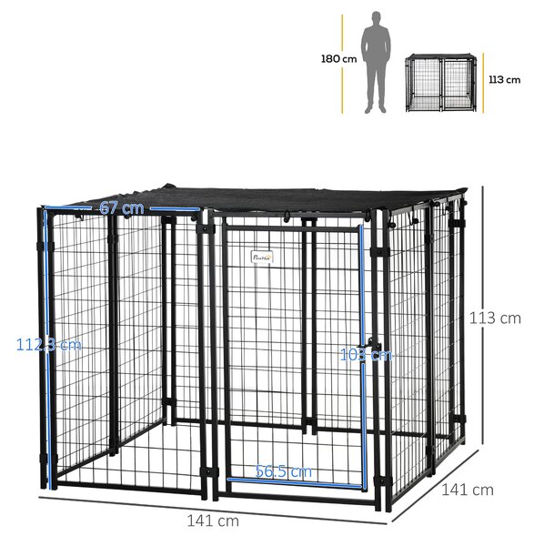 PawHut Tarc Caini Oțel Pliabil cu Acoperiș 8 Panouri Ușă Blocabilă Negru 141x141x113cm Spațios | Aosom Romania