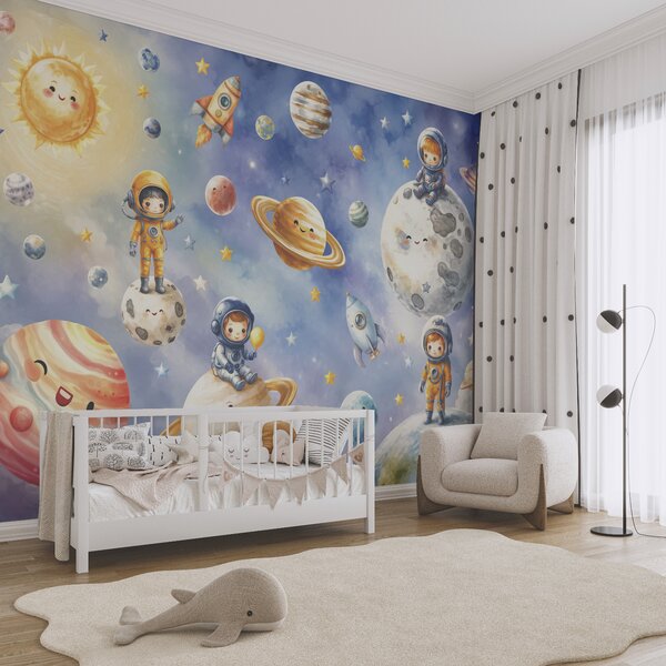 Fototapet Grup de astronauți și planete din desene animate, Fototapet spațiu cosmic, Fototapet populare, t00841 - Tapeko.ro