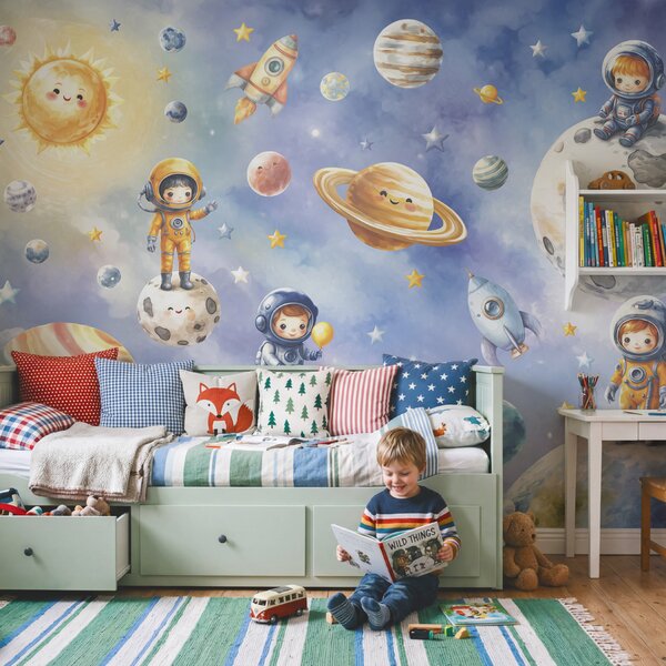 Fototapet Grup de astronauți și planete din desene animate, Fototapet spațiu cosmic, Fototapet populare, t00841 - Tapeko.ro