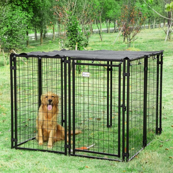 PawHut Tarc Caini Oțel Pliabil cu Acoperiș 8 Panouri Ușă Blocabilă Negru 141x141x113cm Spațios | Aosom Romania