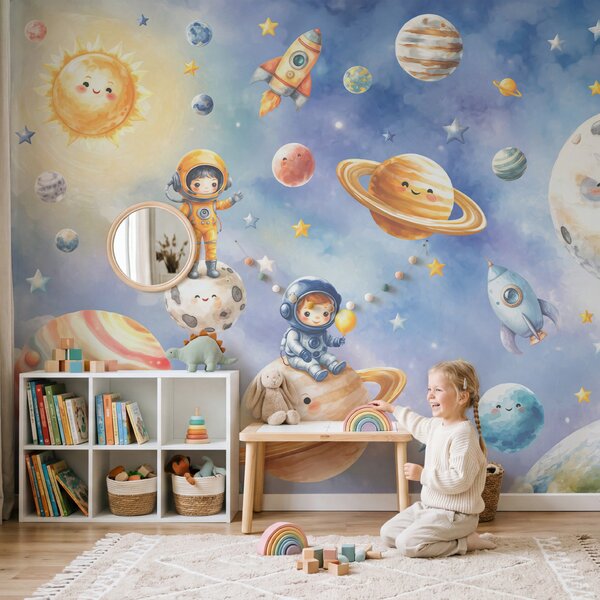 Fototapet Grup de astronauți și planete din desene animate, Fototapet spațiu cosmic, Fototapet populare, t00841 - Tapeko.ro