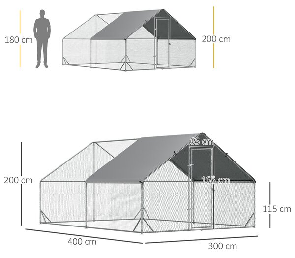 PawHut Coteț de Găini cu Cadru Zincat și Plasă Hexagonală, Țarc cu Acoperiș Impermeabil pentru Găini, Rațe și Iepuri, 3x4x2 m | Aosom Romania