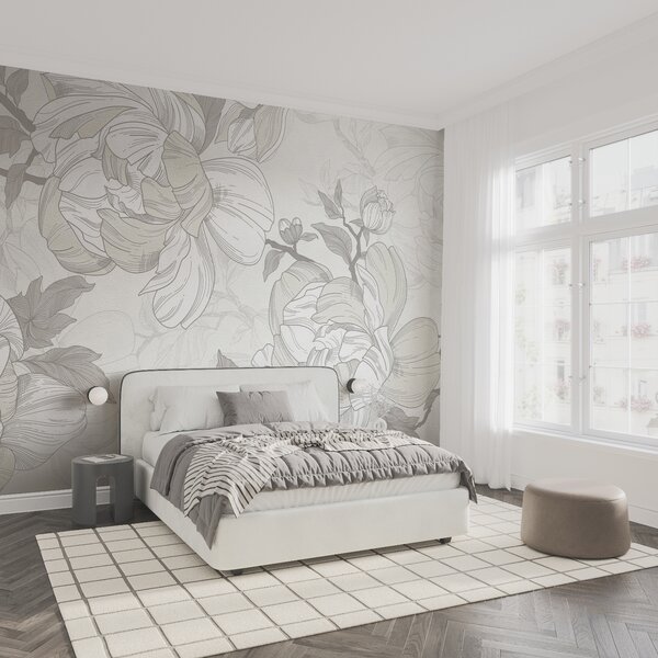 Fototapet Motiv floral alb și gri, Fototapet flori, Fototapet populare, t00851 - Tapeko.ro