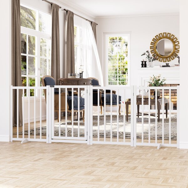 PawHut Poartă Pliabilă Lemn pentru Câini Talie Mică/Medie 4 Panouri Incuietoare Alb 237.5x36x80cm Design Elegant | Aosom Romania