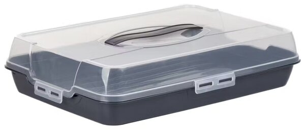 Platou Pufo Cookies cu capac transparent pentru servire torturi, prajituri, briose, produse de patiserie, 40 x 28 cm, gri