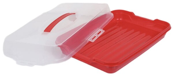 Platou Pufo Cookies cu capac transparent pentru servire torturi, prajituri, briose, produse de patiserie, 40 x 28 cm, rosu