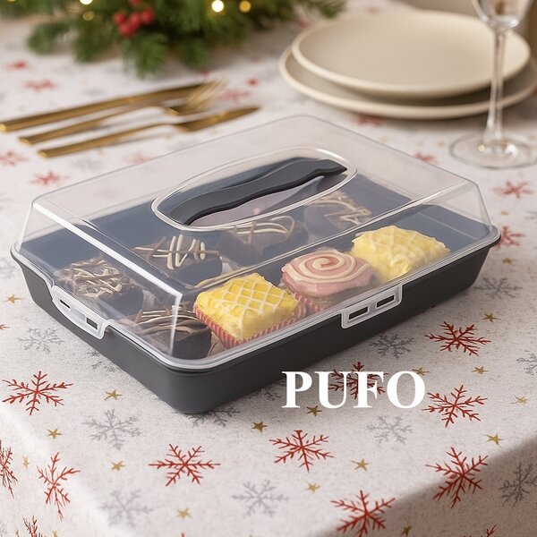 Platou Pufo Cookies cu capac transparent pentru servire torturi, prajituri, briose, produse de patiserie, 40 x 28 cm, gri