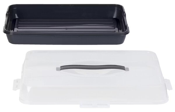 Platou Pufo Cookies cu capac transparent pentru servire torturi, prajituri, briose, produse de patiserie, 40 x 28 cm, gri