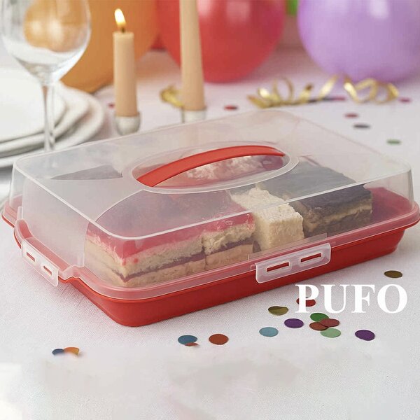 Platou Pufo Cookies cu capac transparent pentru servire torturi, prajituri, briose, produse de patiserie, 40 x 28 cm, rosu